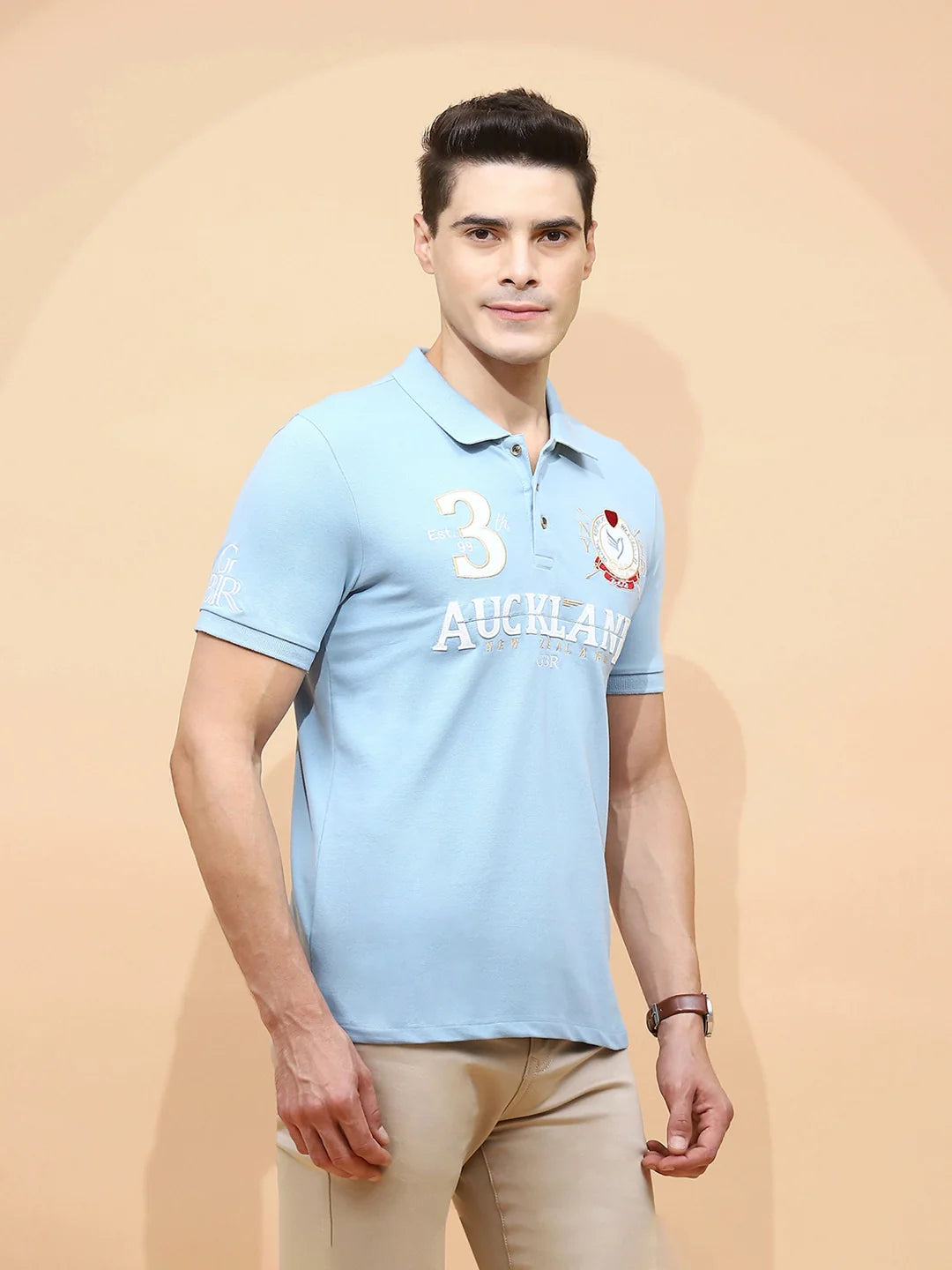 Sky Blue Cotton Blend Regular Fit T-Shirt For Men - Global Republic