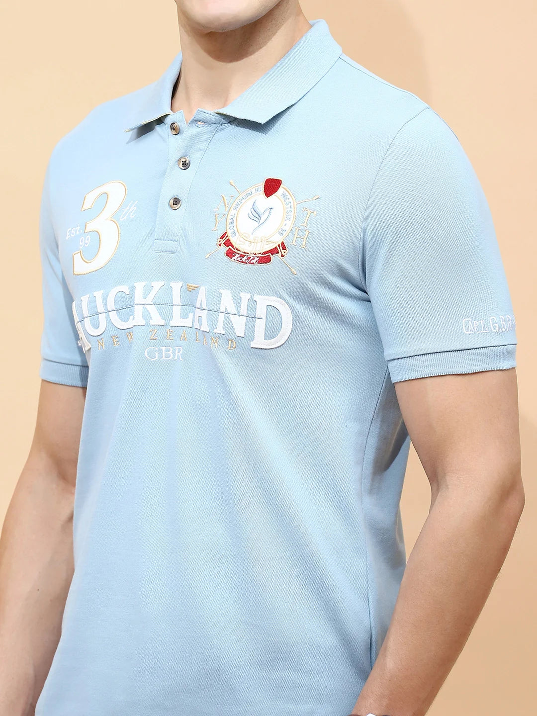 Sky Blue Cotton Blend Regular Fit T-Shirt For Men - Global Republic