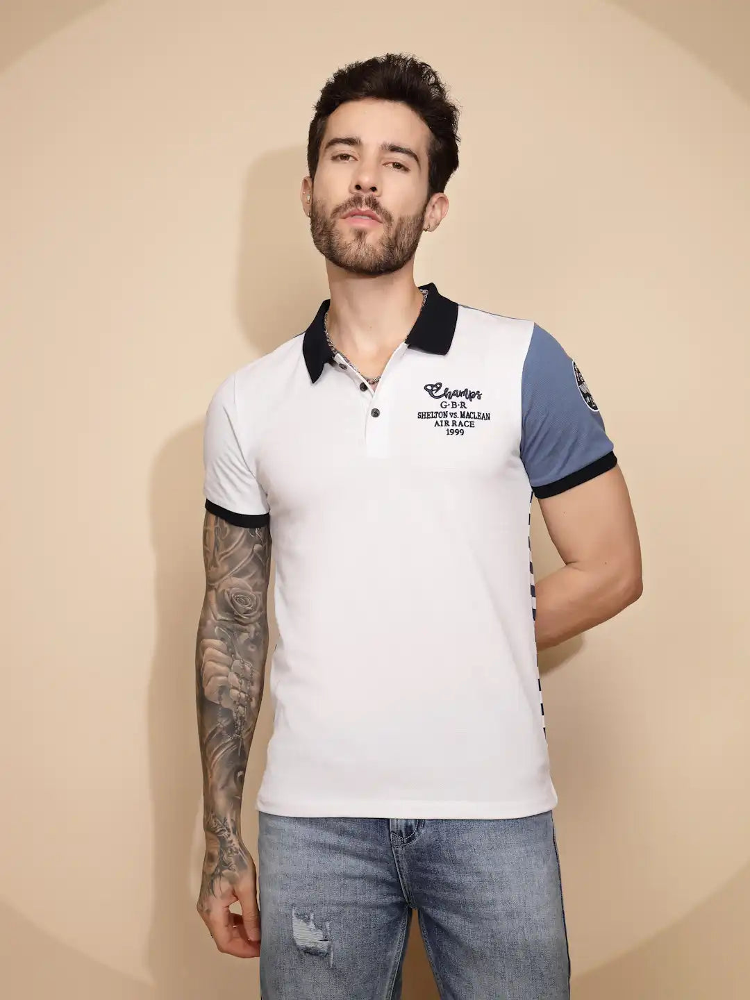 Blue Cotton Blend Regular Fit T-Shirt - Global Republic