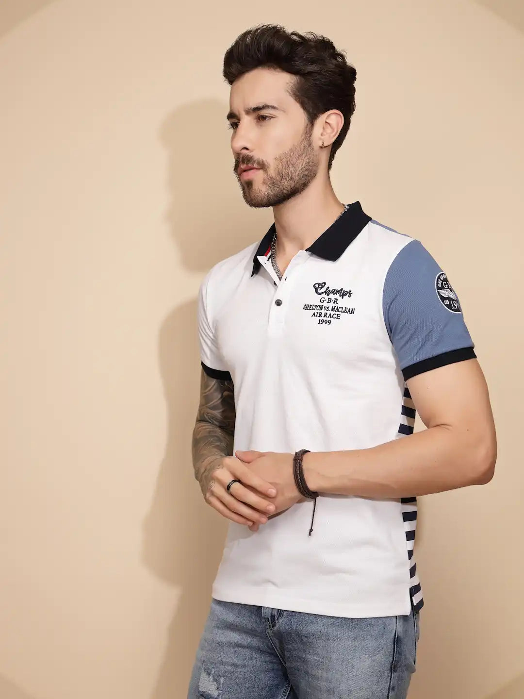 Blue Cotton Blend Regular Fit T-Shirt - Global Republic