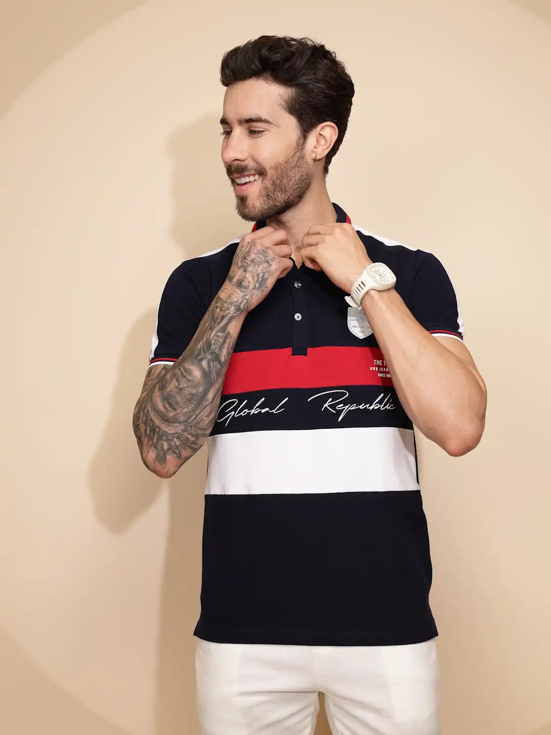 Navy Blue Cotton Regular Fit T-Shirt - Global Republic