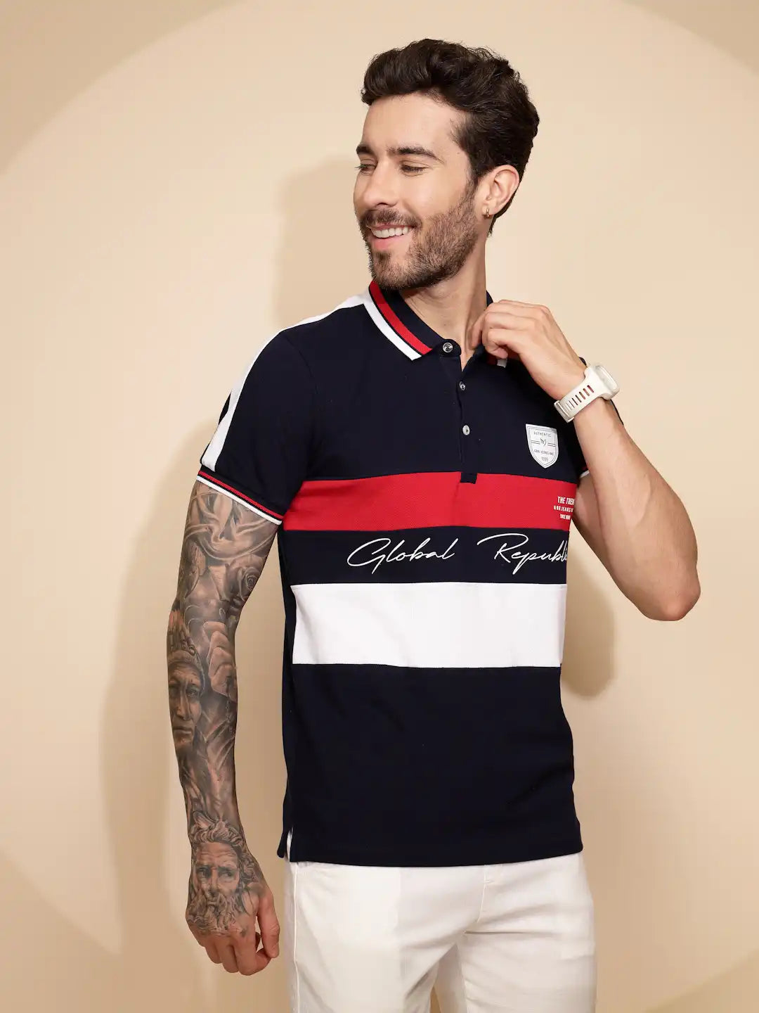 Navy Blue Cotton Regular Fit T-Shirt - Global Republic