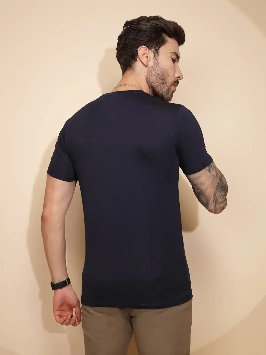 Navy Blue Viscose Blend Regular Fit T-Shirt For Men