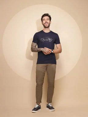 Navy Blue Viscose Blend Regular Fit T-Shirt For Men