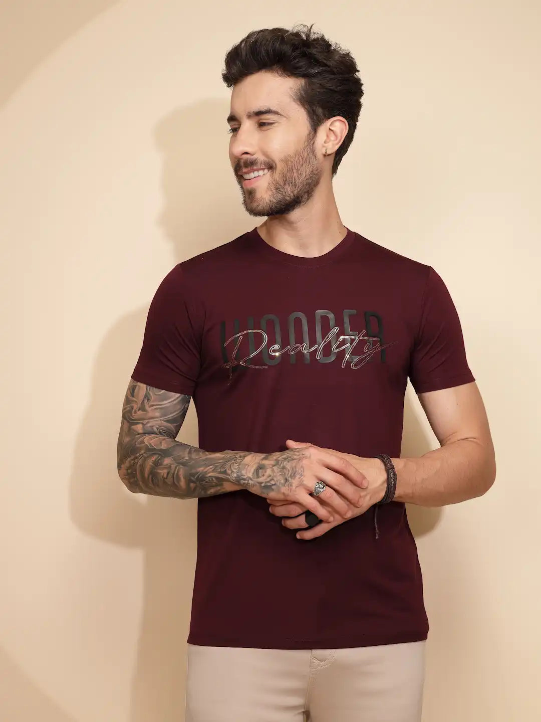 Wine Viscose Blend Blend Regular Fit T-Shirt For Men - Global Republic