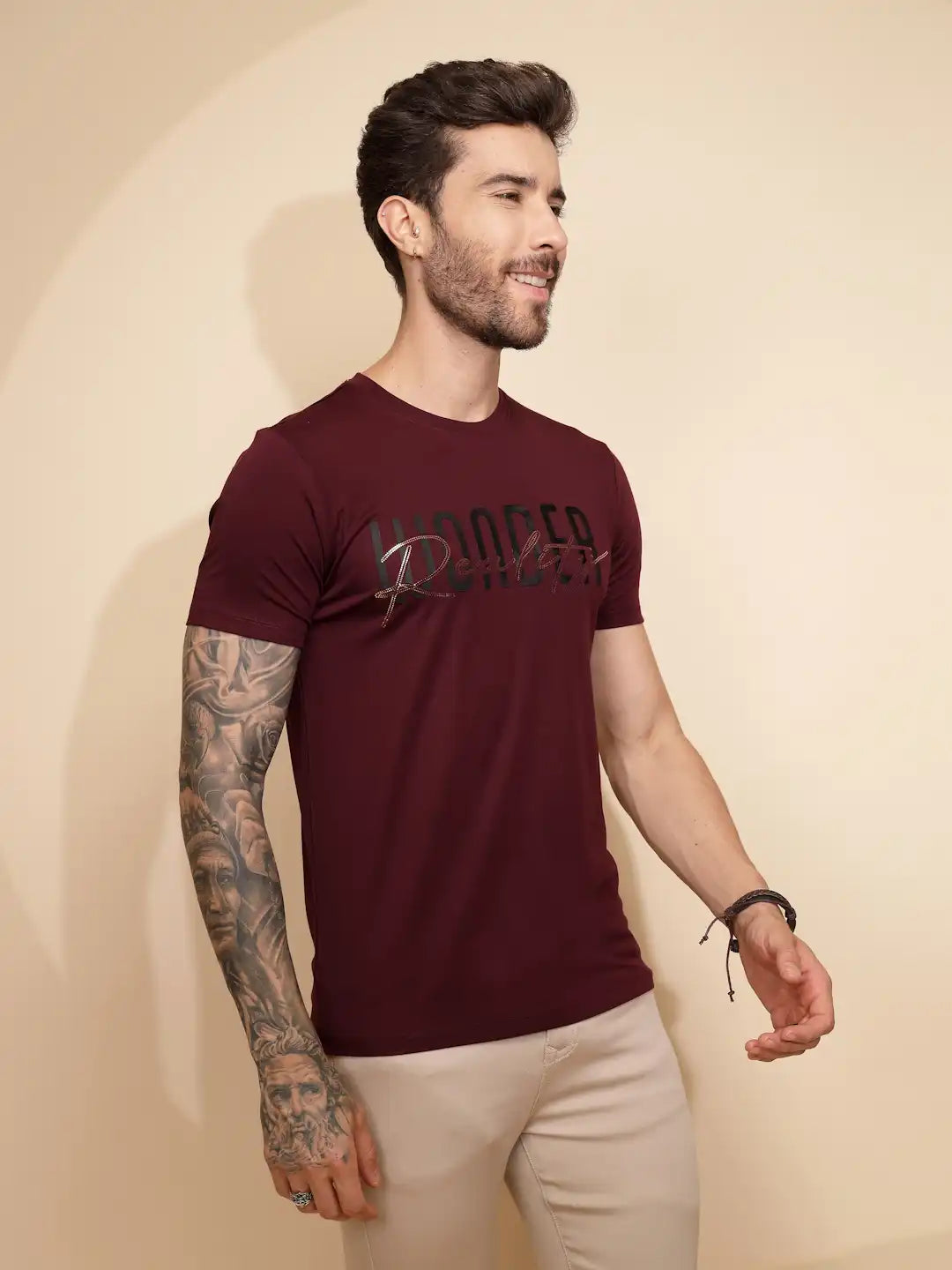 Wine Viscose Blend Blend Regular Fit T-Shirt For Men - Global Republic