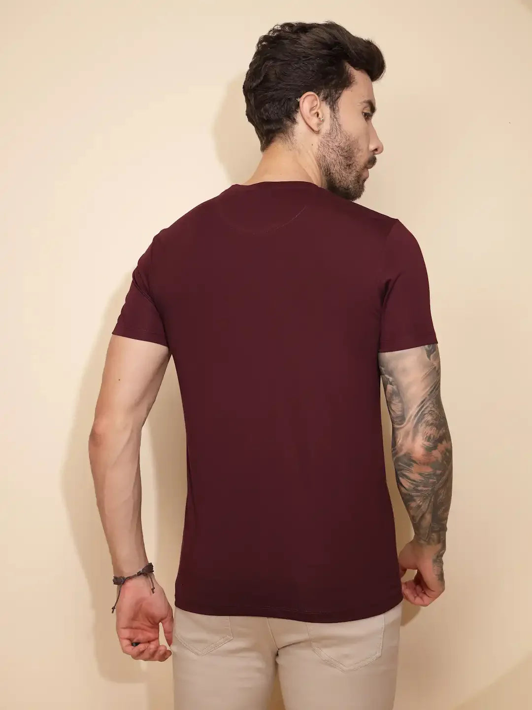 Wine Viscose Blend Blend Regular Fit T-Shirt For Men