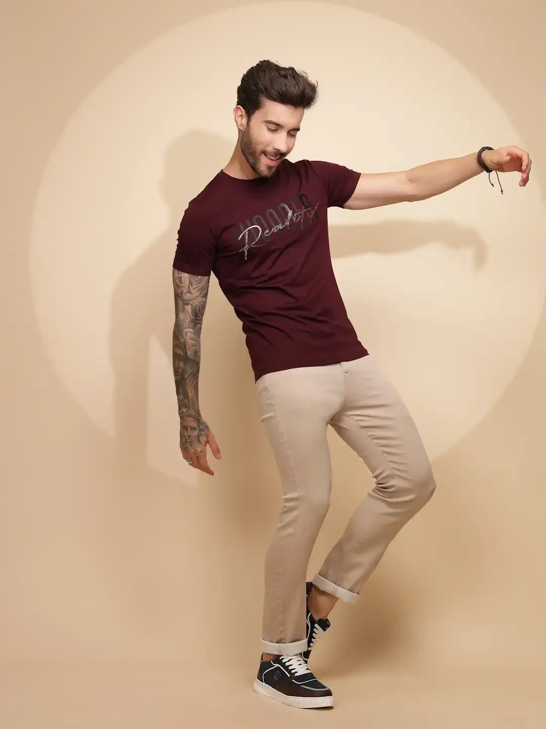 Wine Viscose Blend Blend Regular Fit T-Shirt For Men