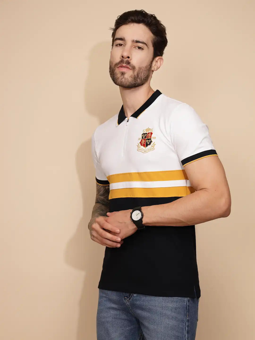 Yellow Cotton Blend Regular Fit T-Shirt For Men - Global Republic