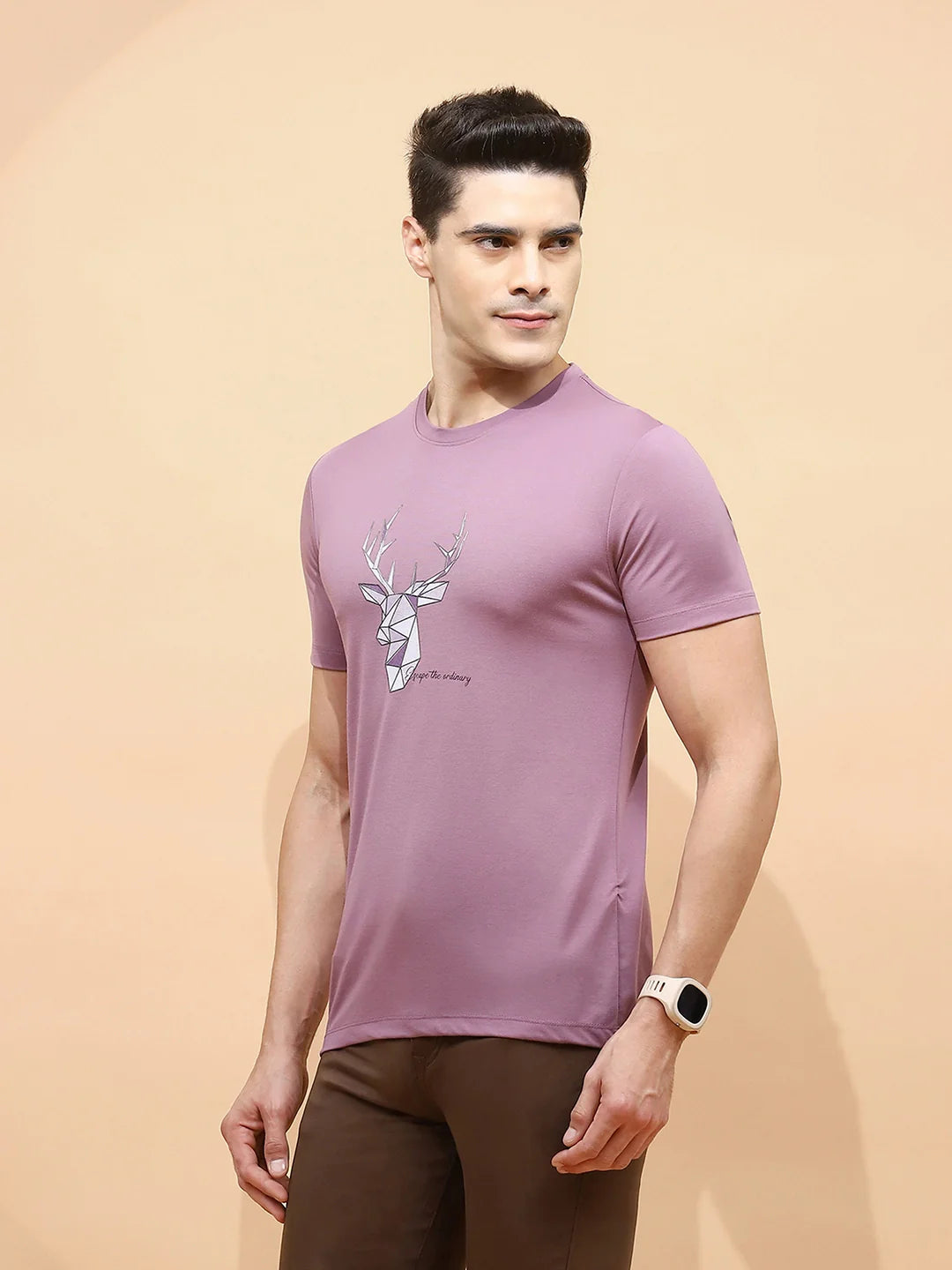 Mauve Viscose Blend Regular Fit T-Shirt For Men - Global Republic