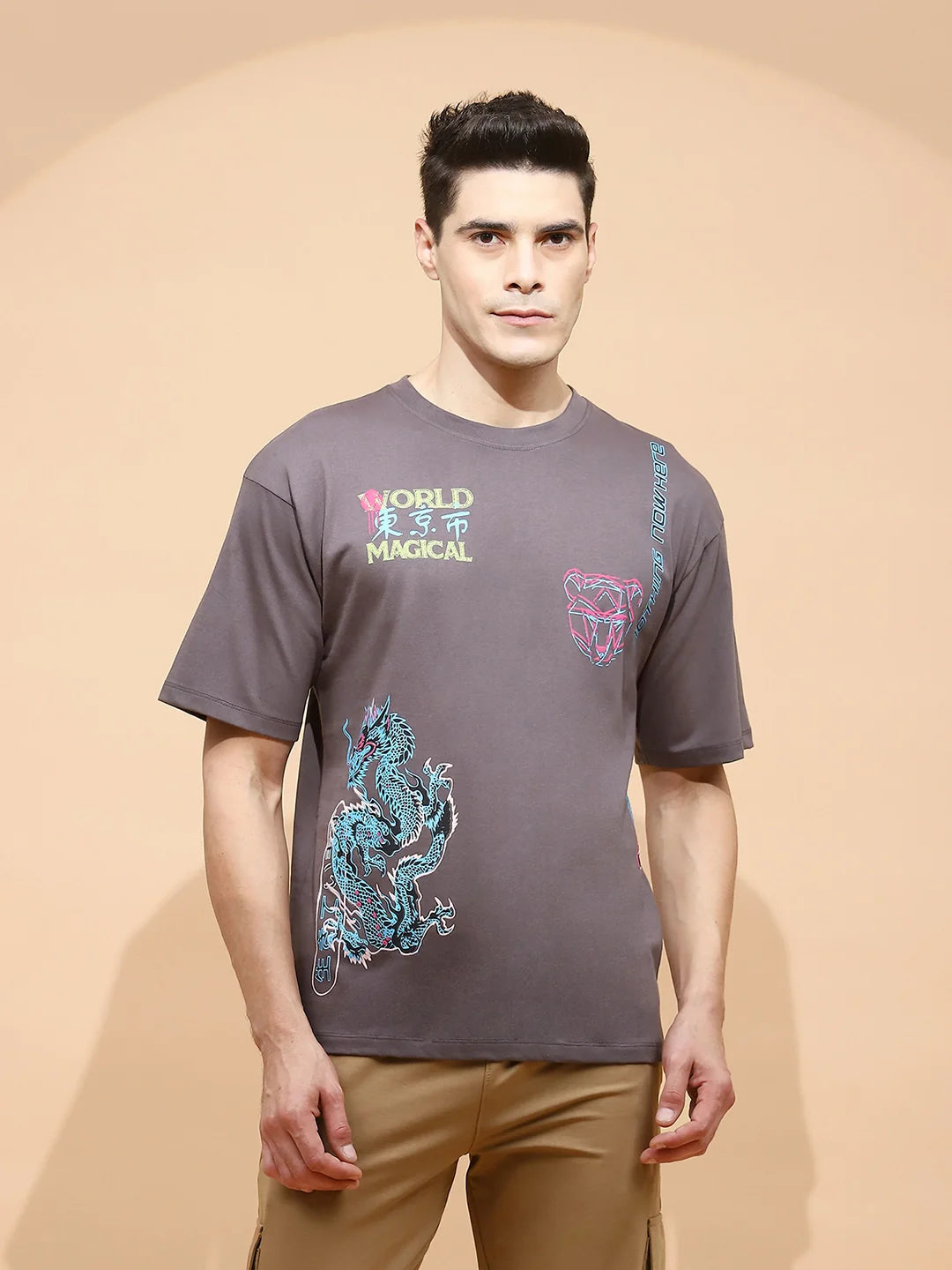 Grey Cotton Regular Fit T-Shirt For Men - Global Republic