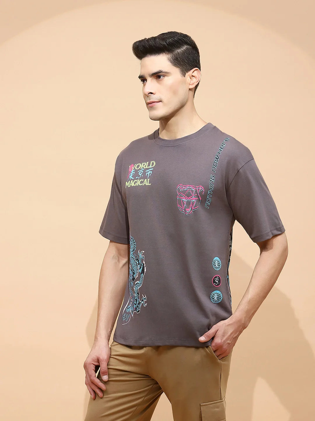 Grey Cotton Regular Fit T-Shirt For Men - Global Republic