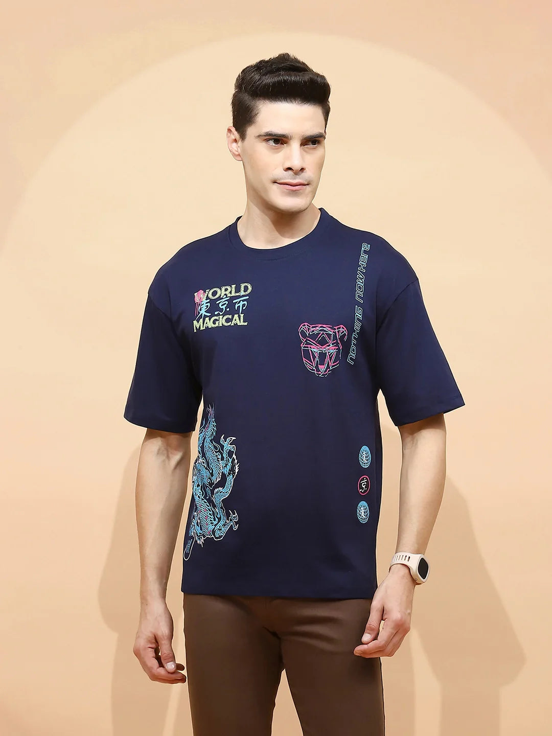 Navy Cotton Regular Fit T-Shirt For Men - Global Republic