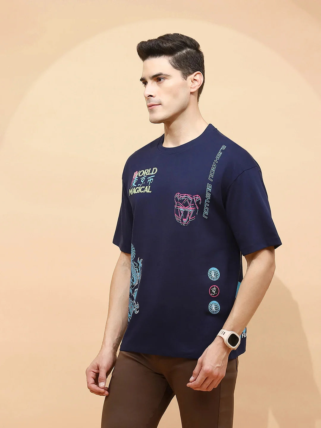 Navy Cotton Regular Fit T-Shirt For Men - Global Republic