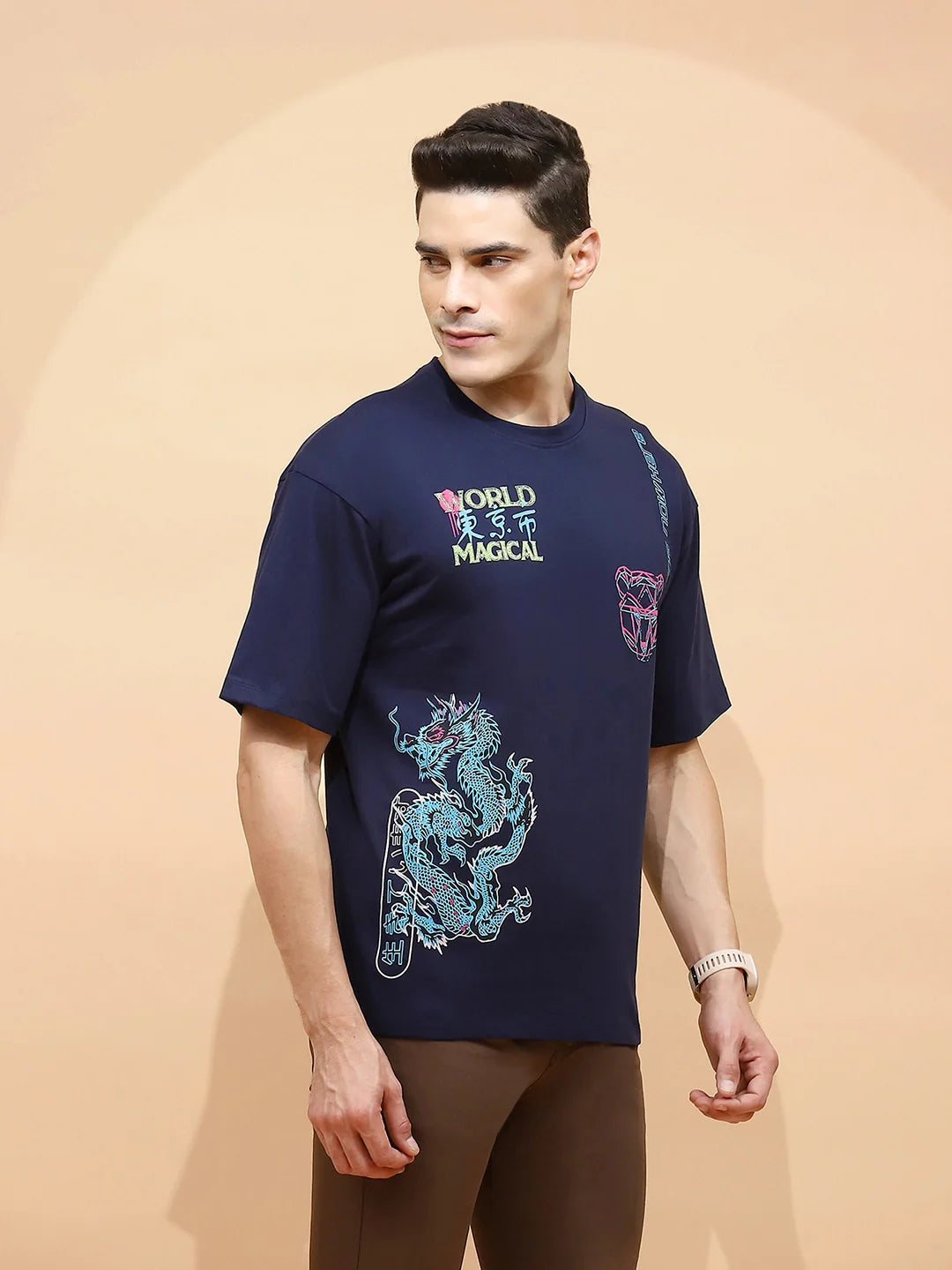 Navy Cotton Regular Fit T-Shirt For Men - Global Republic