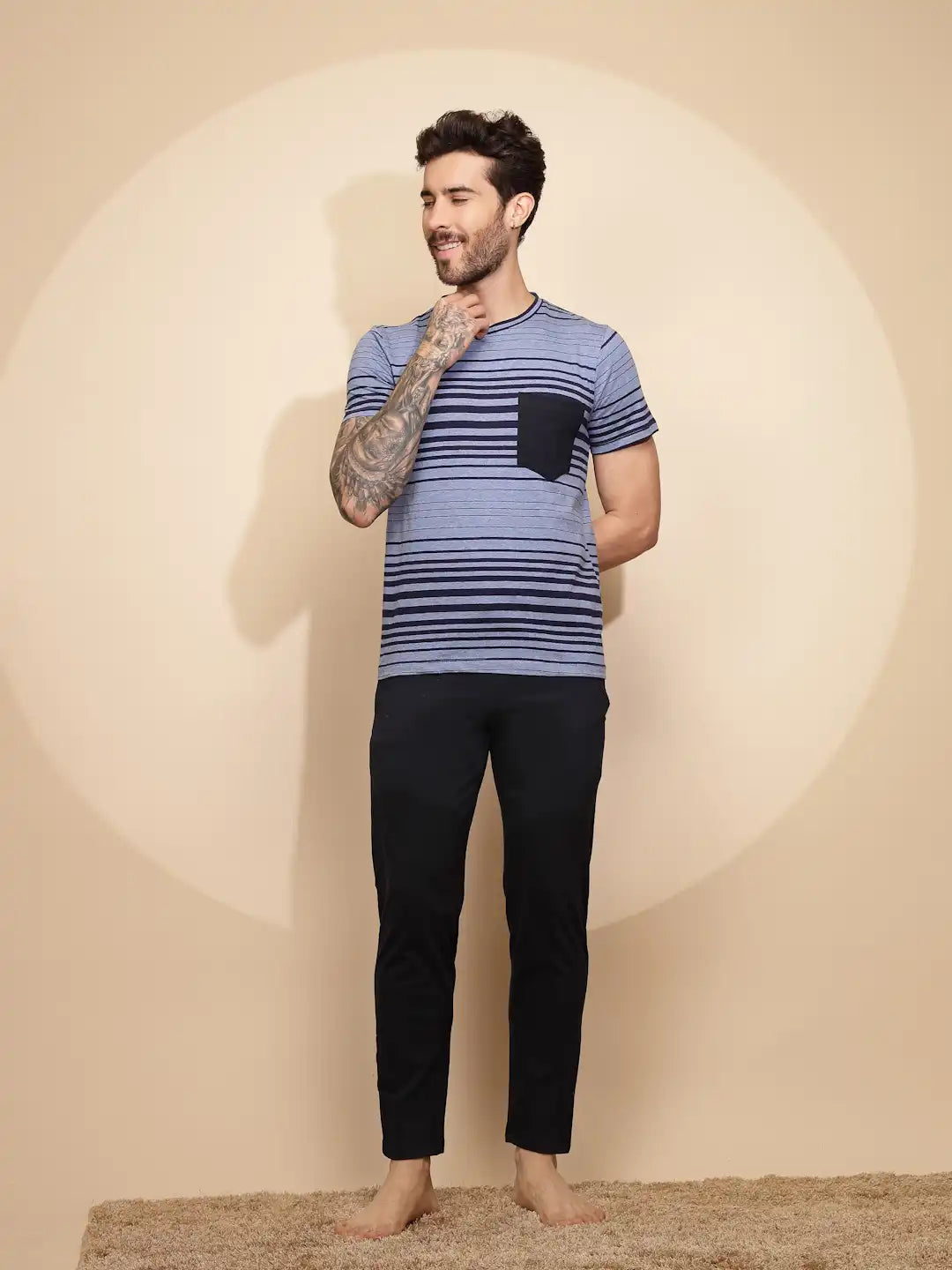 Blue Cotton Slim Fit Night Suit Set - Global Republic