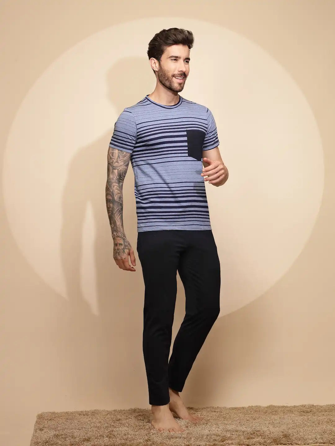 Blue Cotton Slim Fit Night Suit Set - Global Republic