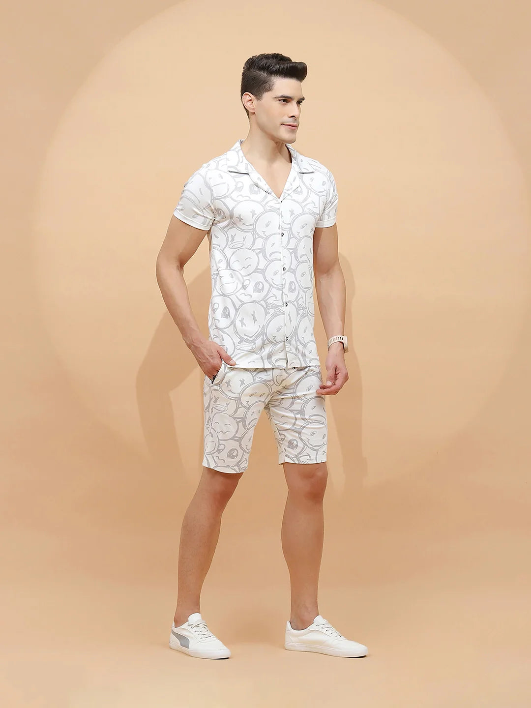 White Viscose Blend Regular Fit Shorts Set For Men - Global Republic
