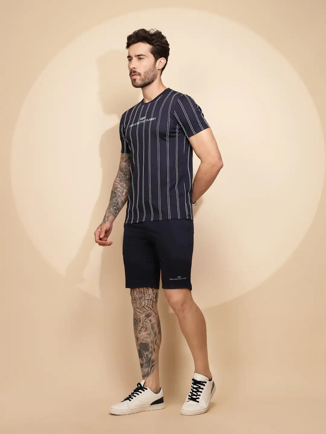 Navy Blue Viscose Blend Regular Fit Shorts Set For Men - Global Republic