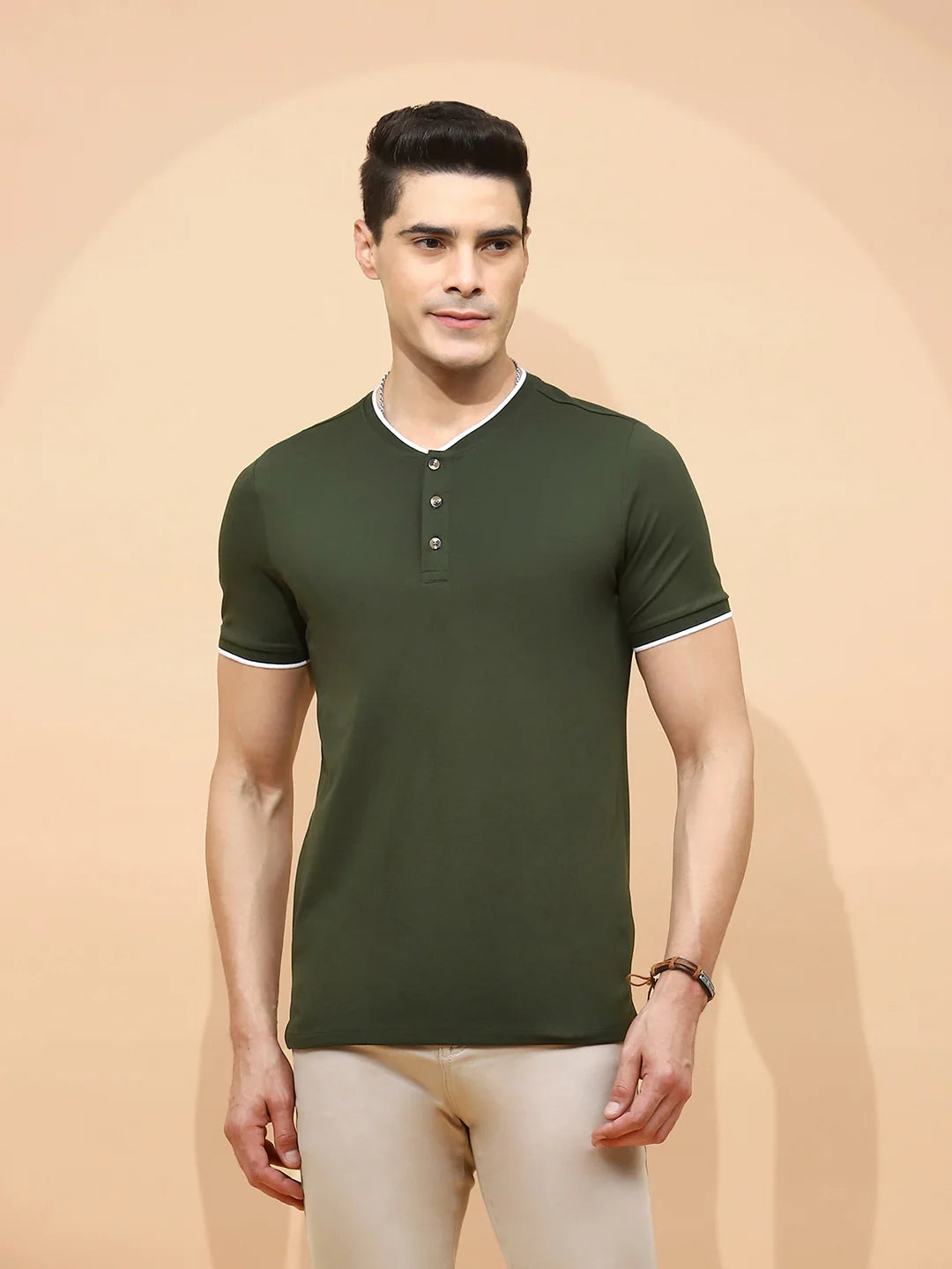 Dark Olive Cotton Blend Regular Fit T-Shirt For Men - Global Republic