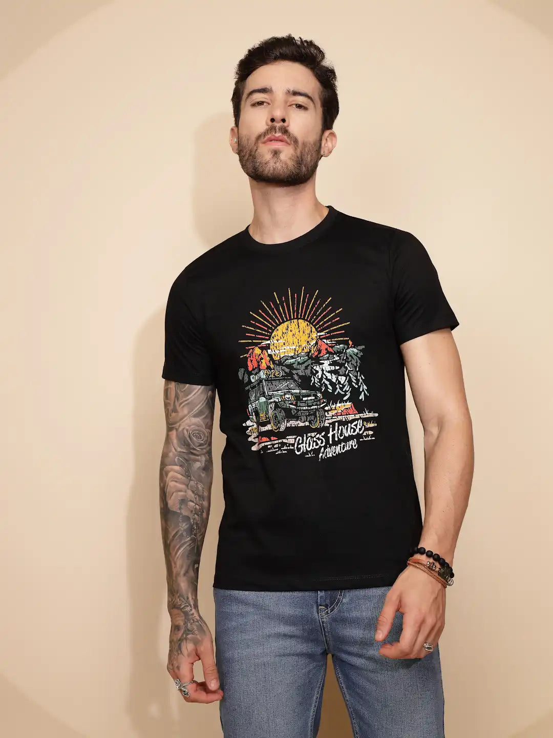 Black Cotton Regular Fit T-Shirt For Men - Global Republic