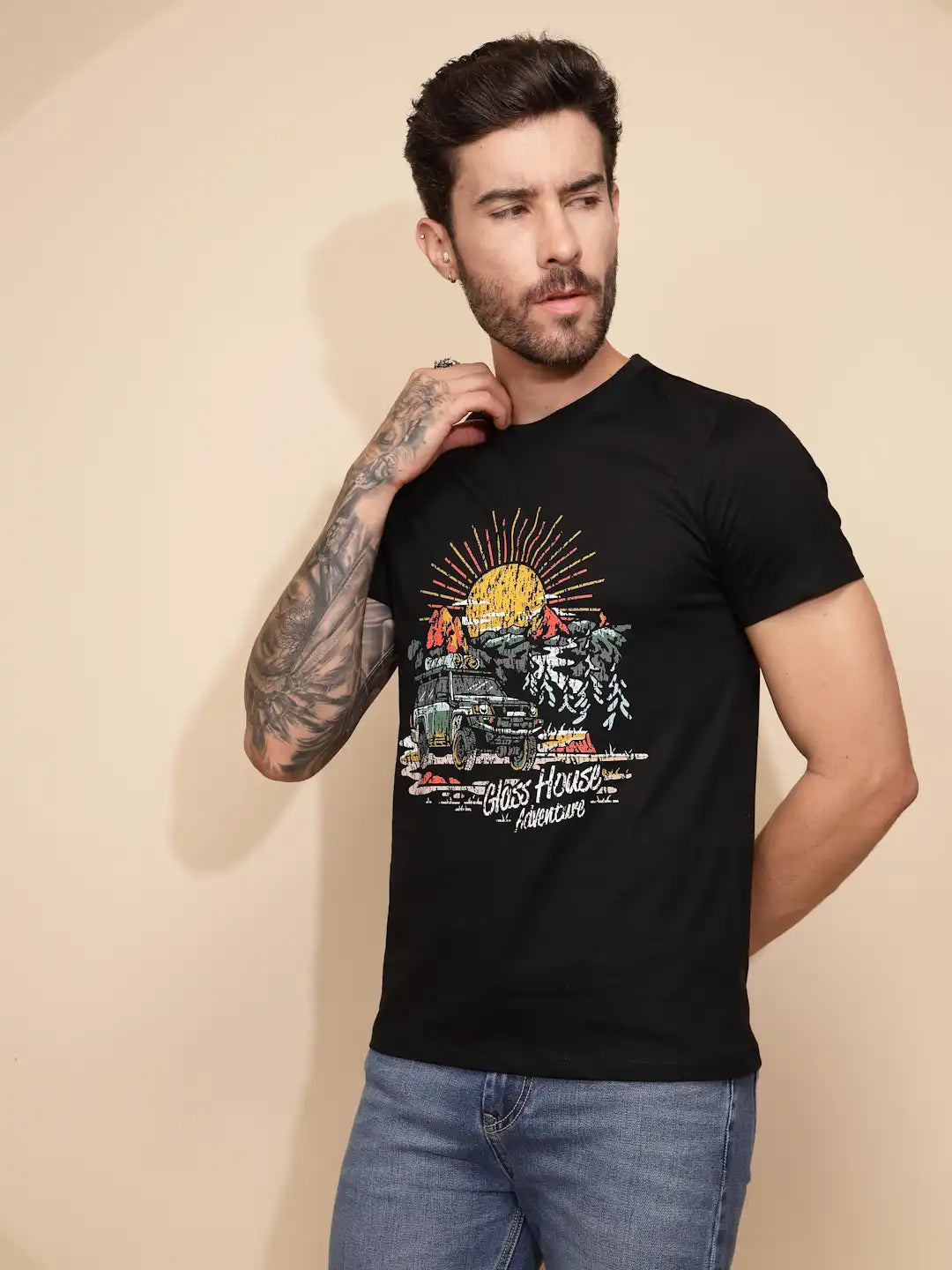 Black Cotton Regular Fit T-Shirt For Men - Global Republic