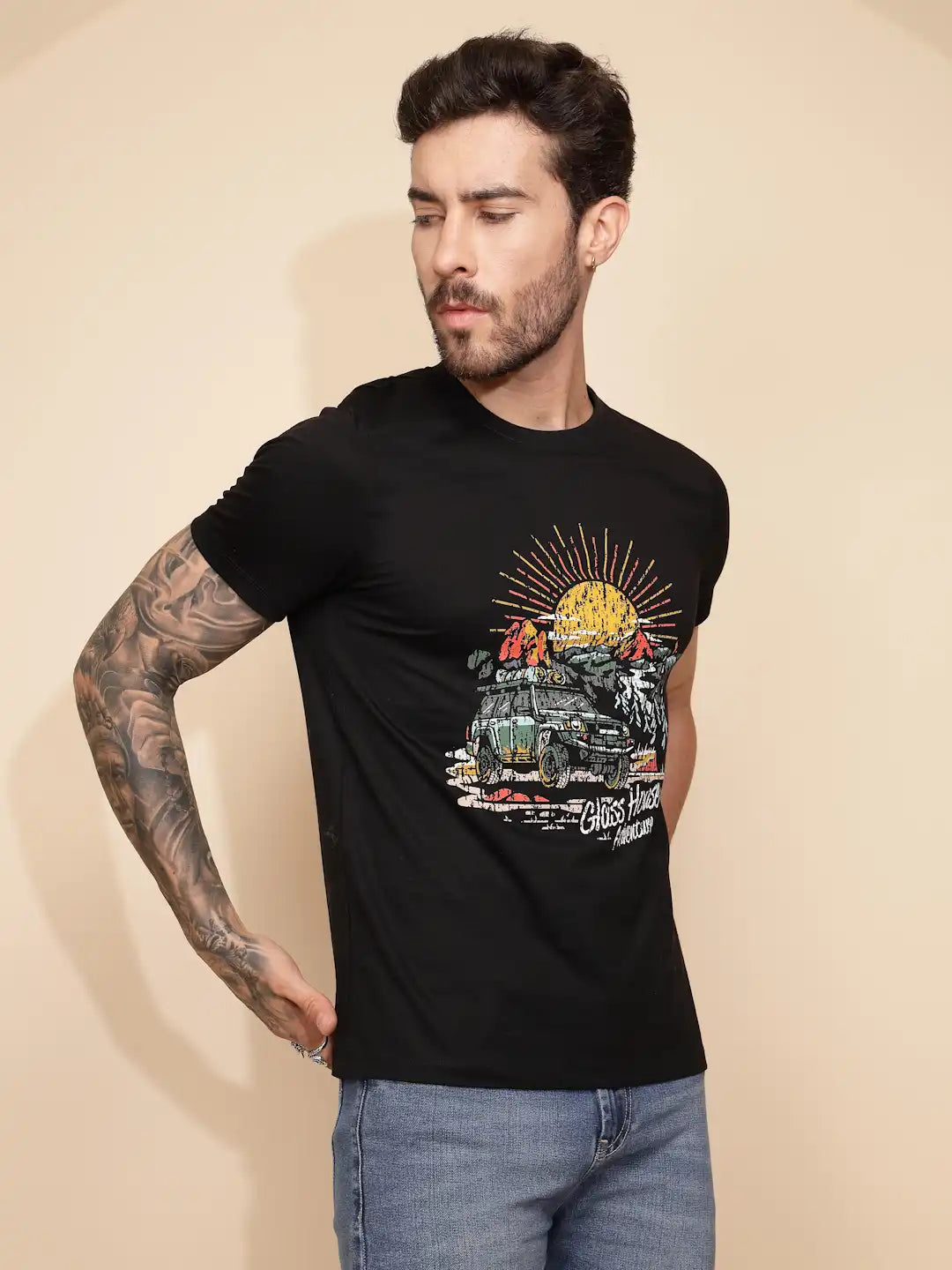 Black Cotton Regular Fit T-Shirt For Men - Global Republic