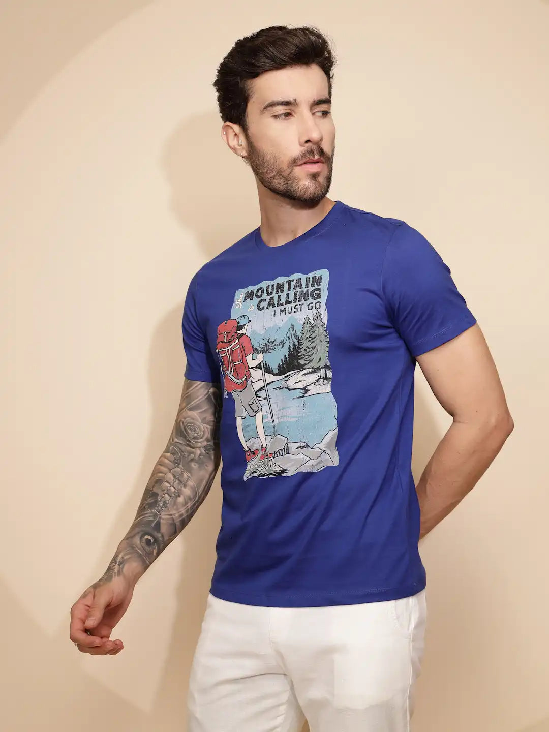 Blue Cotton Regular Fit T-Shirt For Men - Global Republic