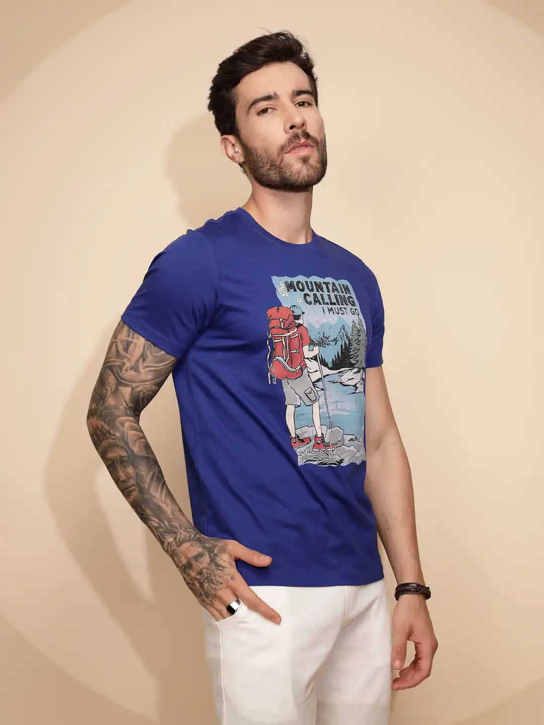 Blue Cotton Regular Fit T-Shirt For Men - Global Republic