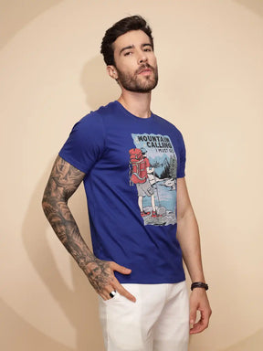 Blue Cotton Regular Fit T-Shirt For Men