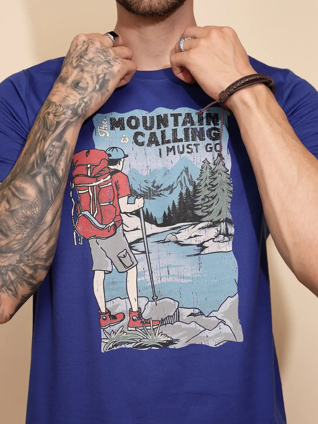 Blue Cotton Regular Fit T-Shirt For Men - Global Republic