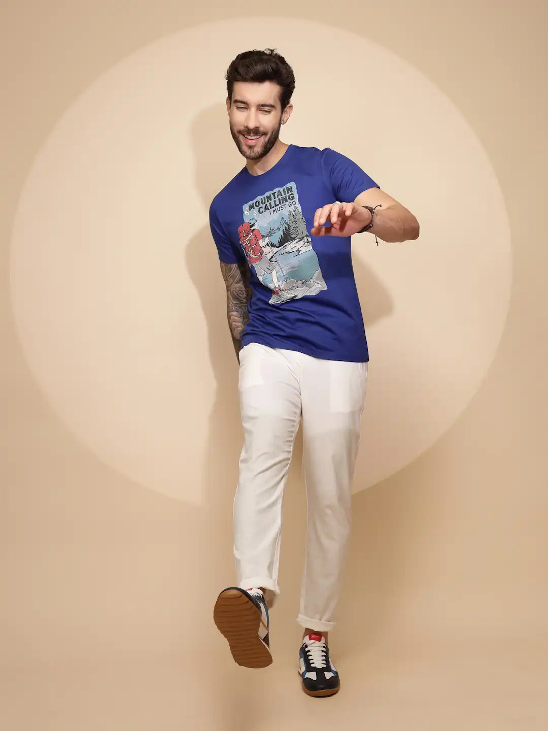 Blue Cotton Regular Fit T-Shirt For Men - Global Republic