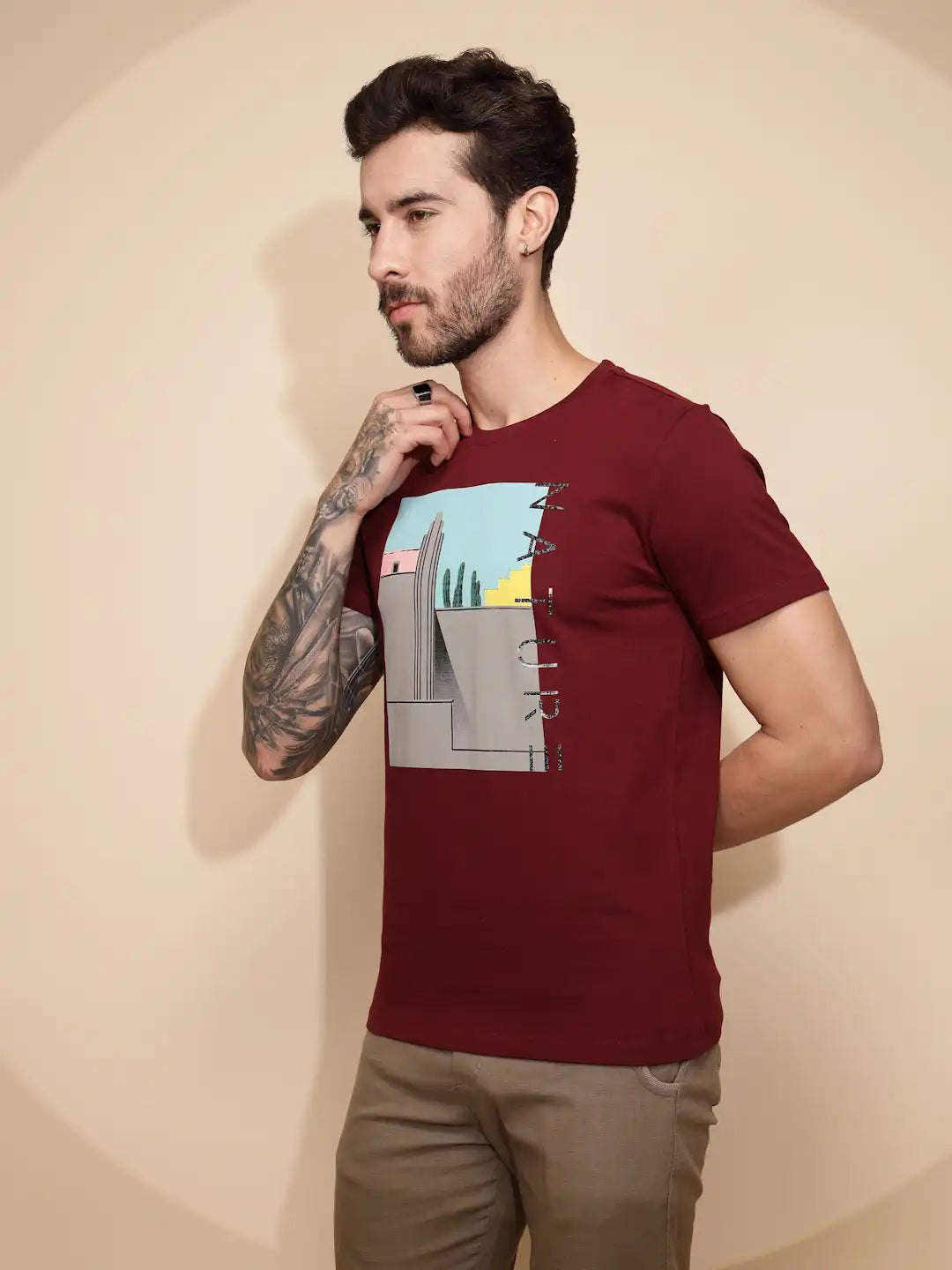 Maroon Cotton Regular Fit T-Shirt - Global Republic