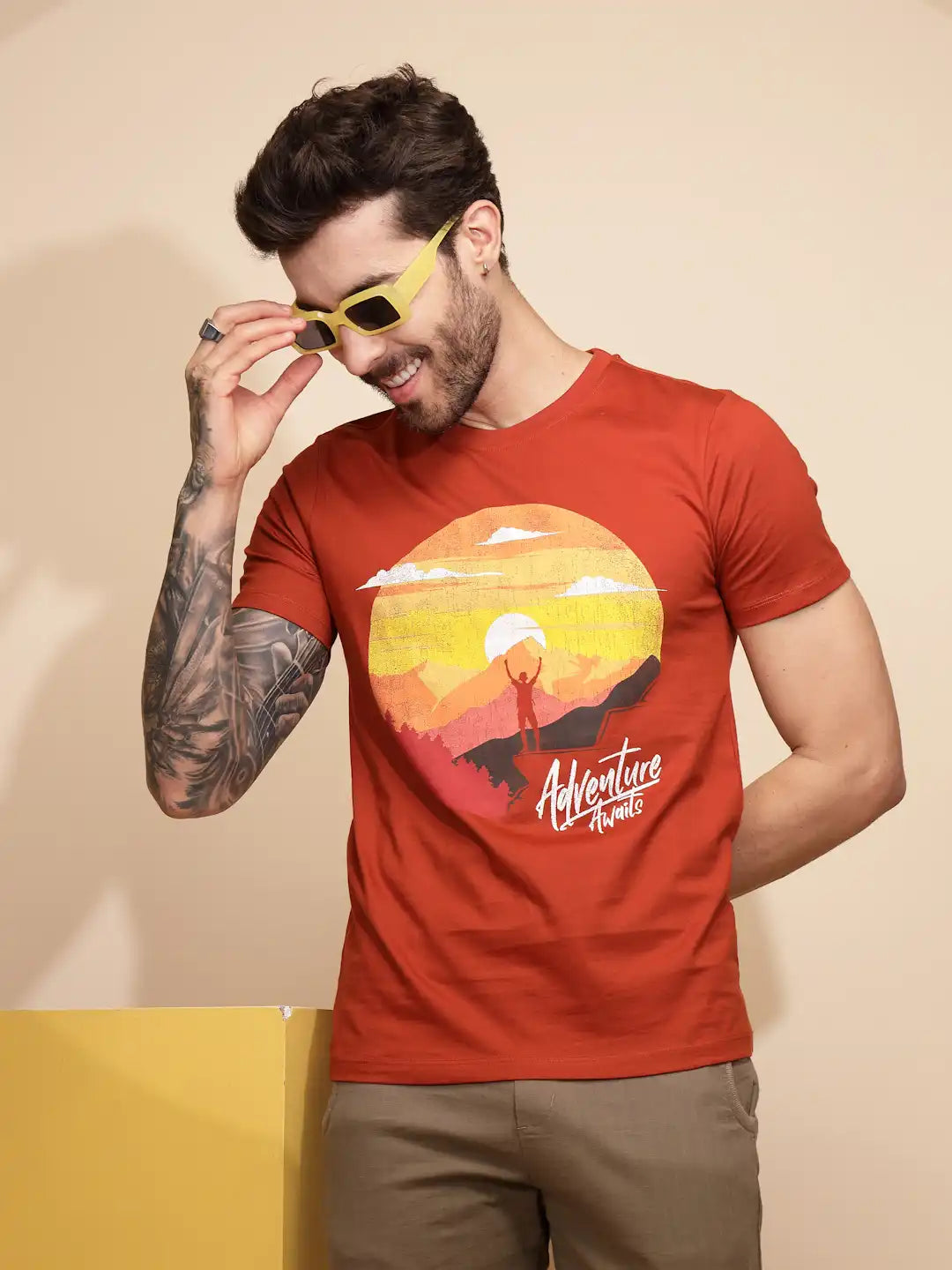 Orange Cotton Regular Fit T-Shirt For Men