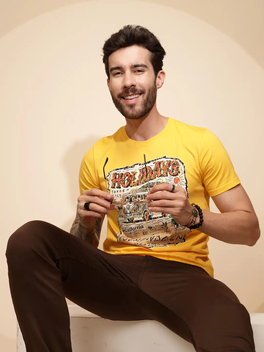 Yellow Cotton Regular Fit T-Shirt For Men