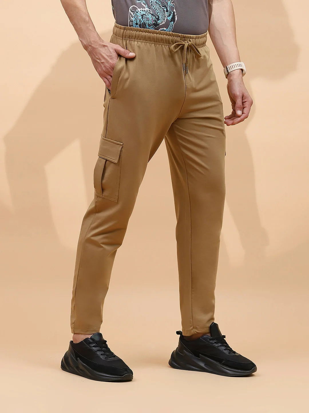 Khaki Cotton Regular Fit Cargo For Men - Global Republic
