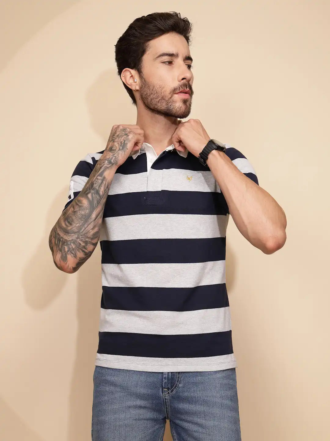 Grey and Blue Stripe Cotton Blend Regular Fit T-Shirt For Men - Global Republic