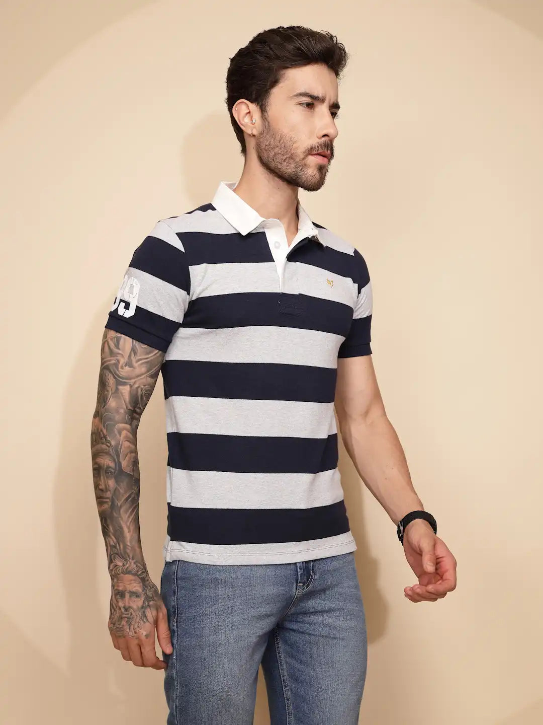 Grey and Blue Stripe Cotton Blend Regular Fit T-Shirt For Men - Global Republic