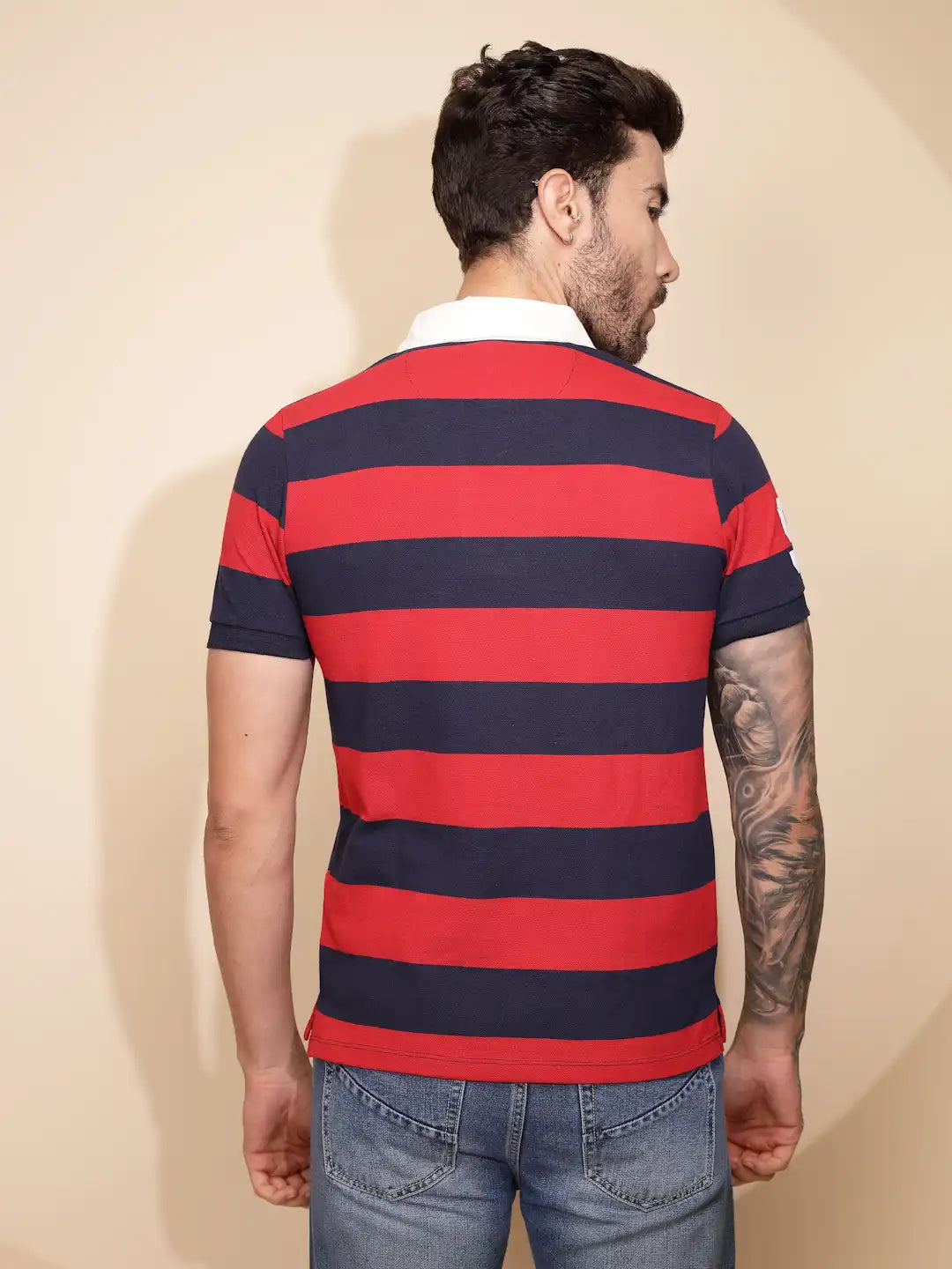 Red and Blue Stripe Cotton Blend Regular Fit T-Shirt For Men - Global Republic