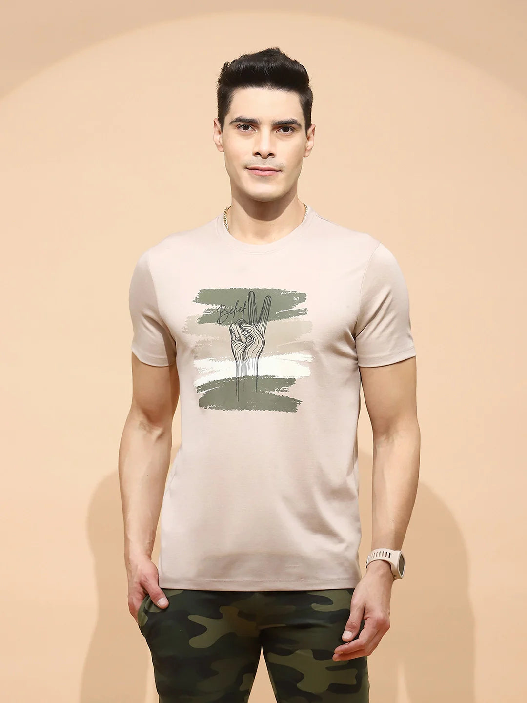 Beige Cotton Blend Regular Fit T-Shirt - Global Republic