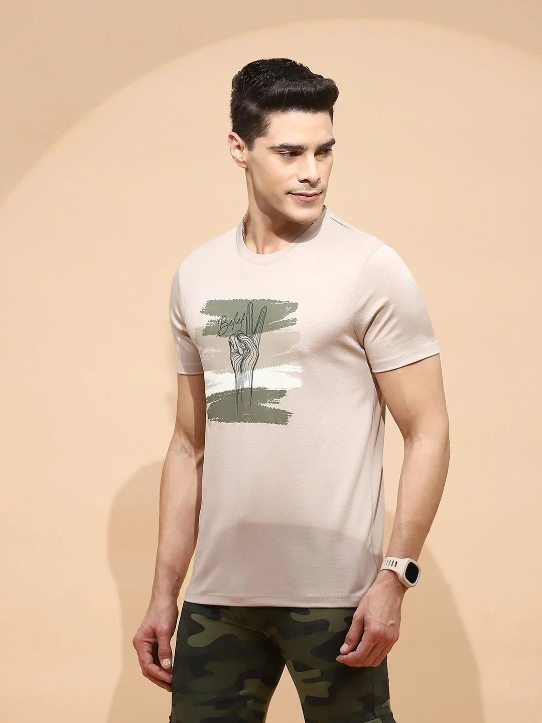 Beige Cotton Blend Regular Fit T-Shirt - Global Republic