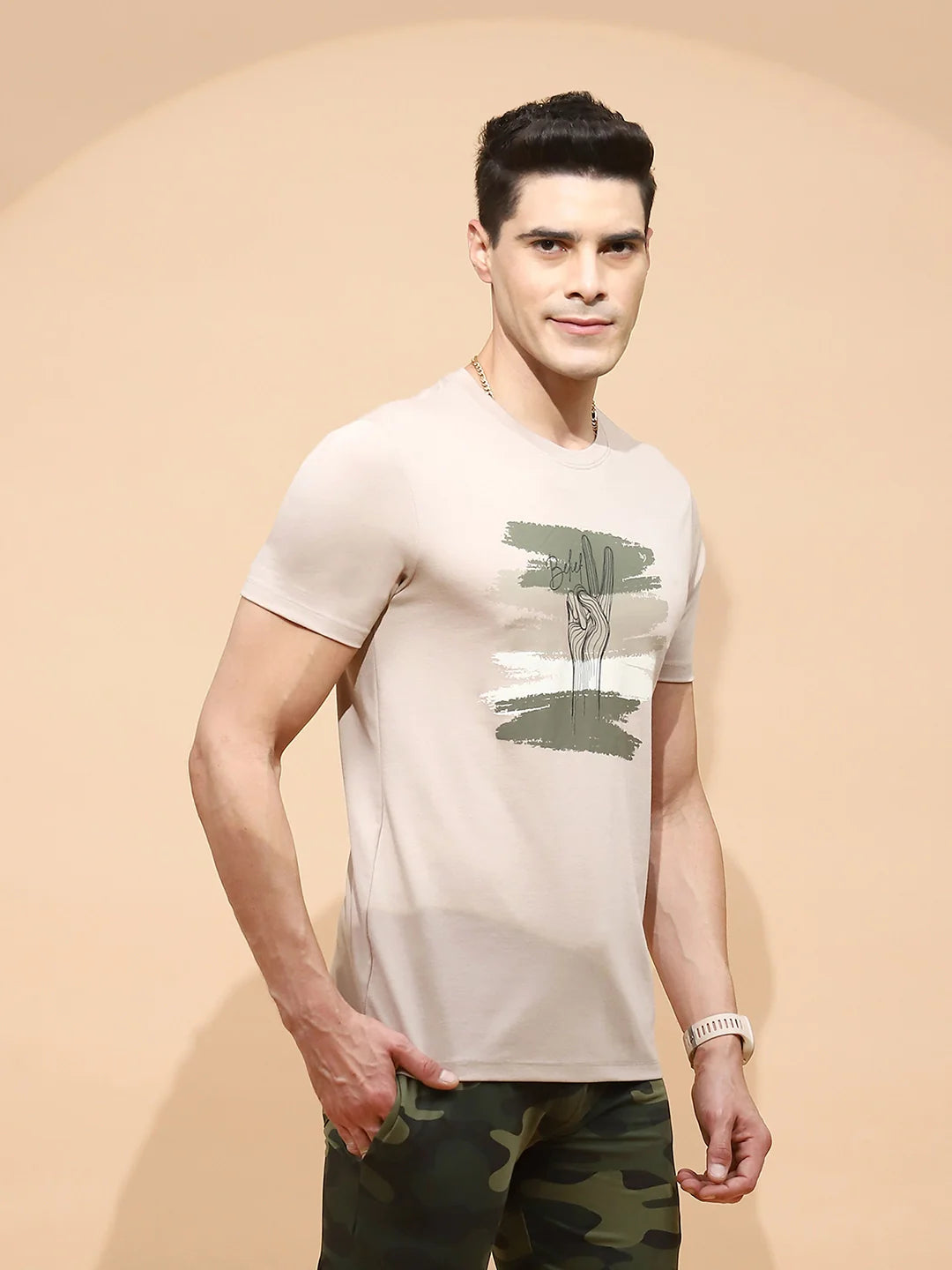 Beige Cotton Blend Regular Fit T-Shirt - Global Republic