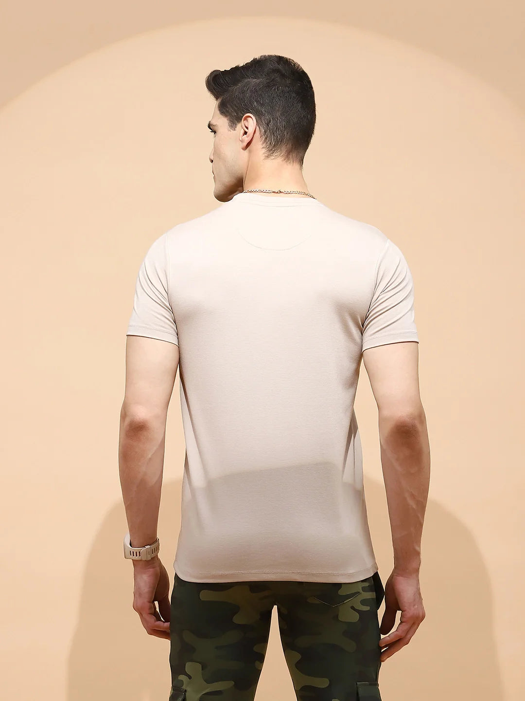 Beige Cotton Blend Regular Fit T-Shirt - Global Republic