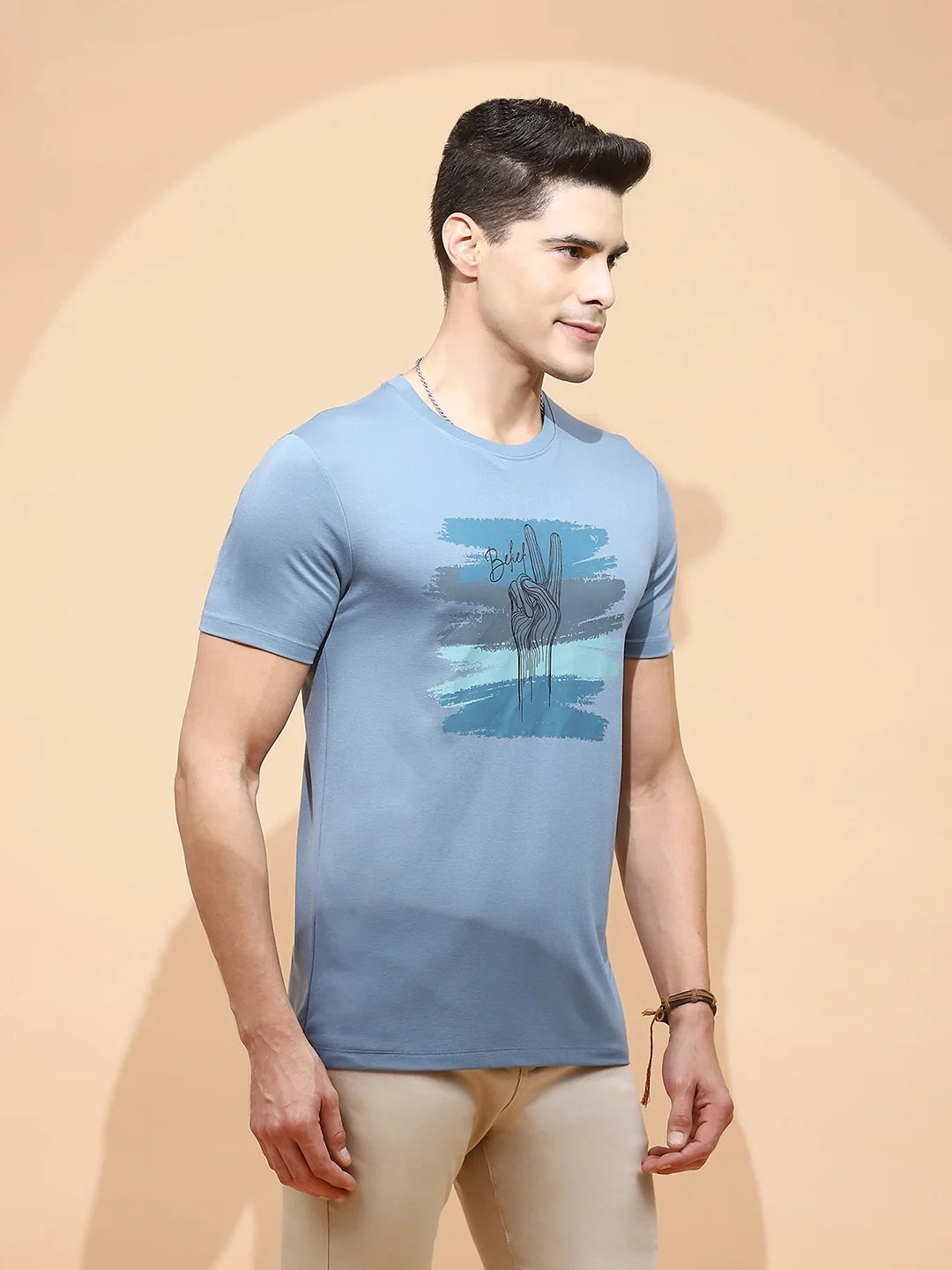 Teal Cotton Blend Regular Fit T-Shirt For Men - Global Republic