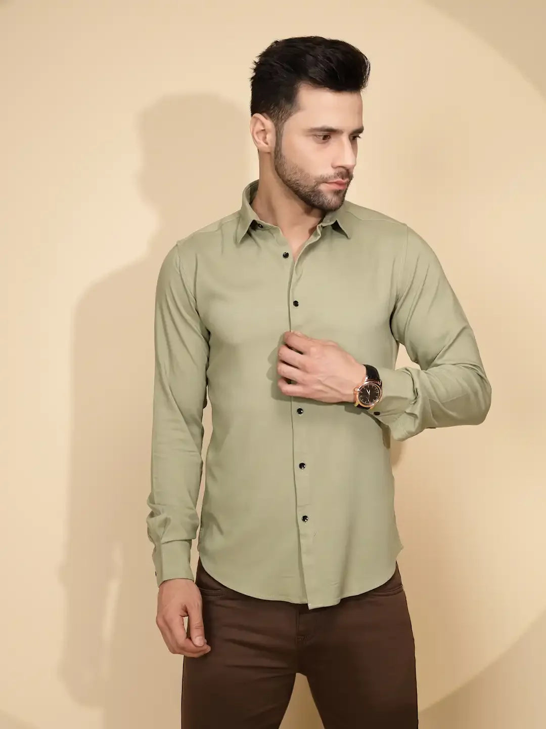 Olive Polyester Blend Tailored Fit Shirt For Men