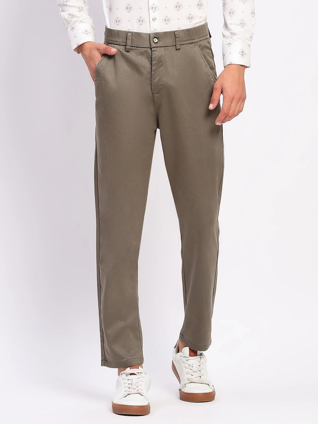 Sand Brown Stretch Straight Fit Trousers - Global Republic