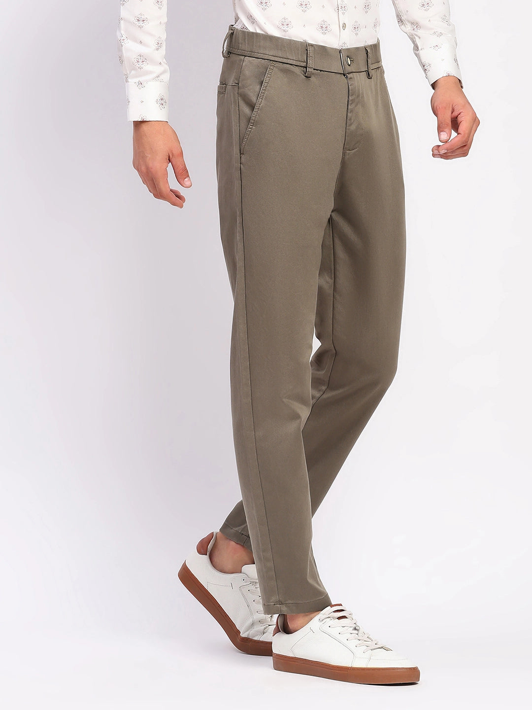 Sand Brown Stretch Straight Fit Trousers - Global Republic