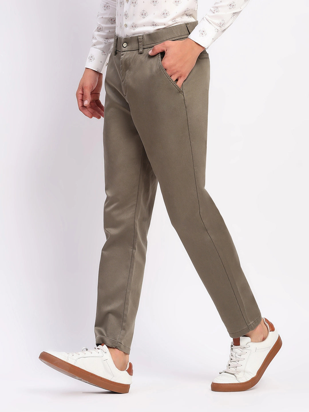 Sand Brown Stretch Straight Fit Trousers - Global Republic