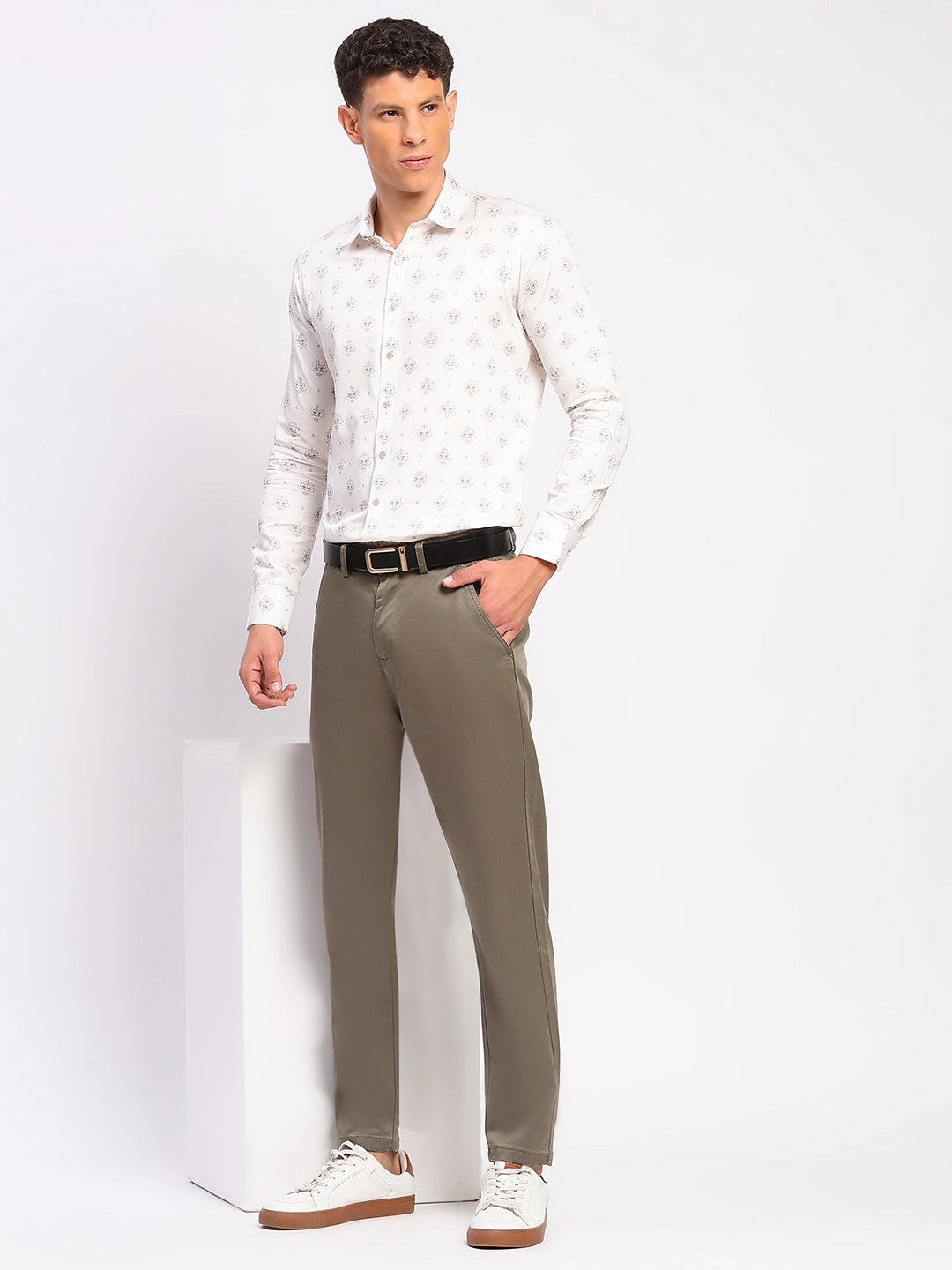 Sand Brown Stretch Straight Fit Trousers - Global Republic