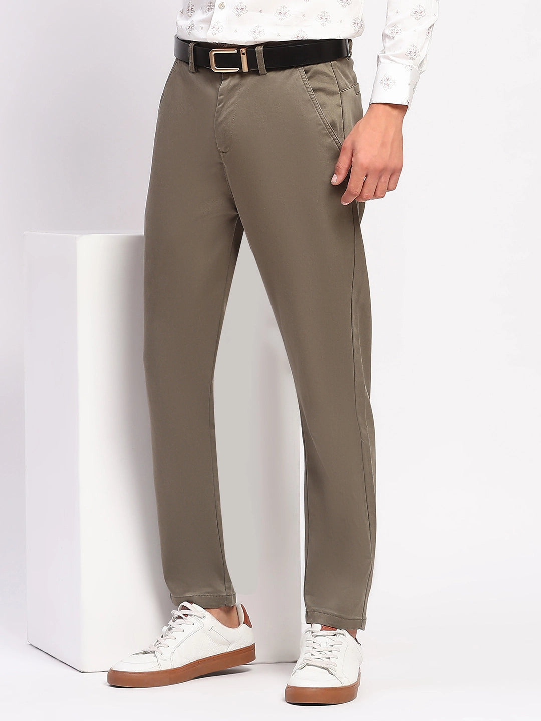 Sand Brown Stretch Straight Fit Trousers - Global Republic